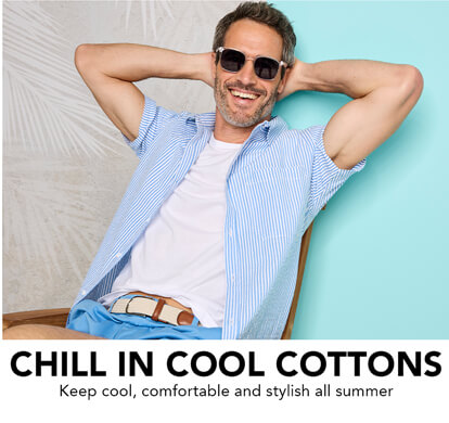 A male model, laid back in his chair, smiling, wearing sunglasses and a cool cotton shirt and top.
